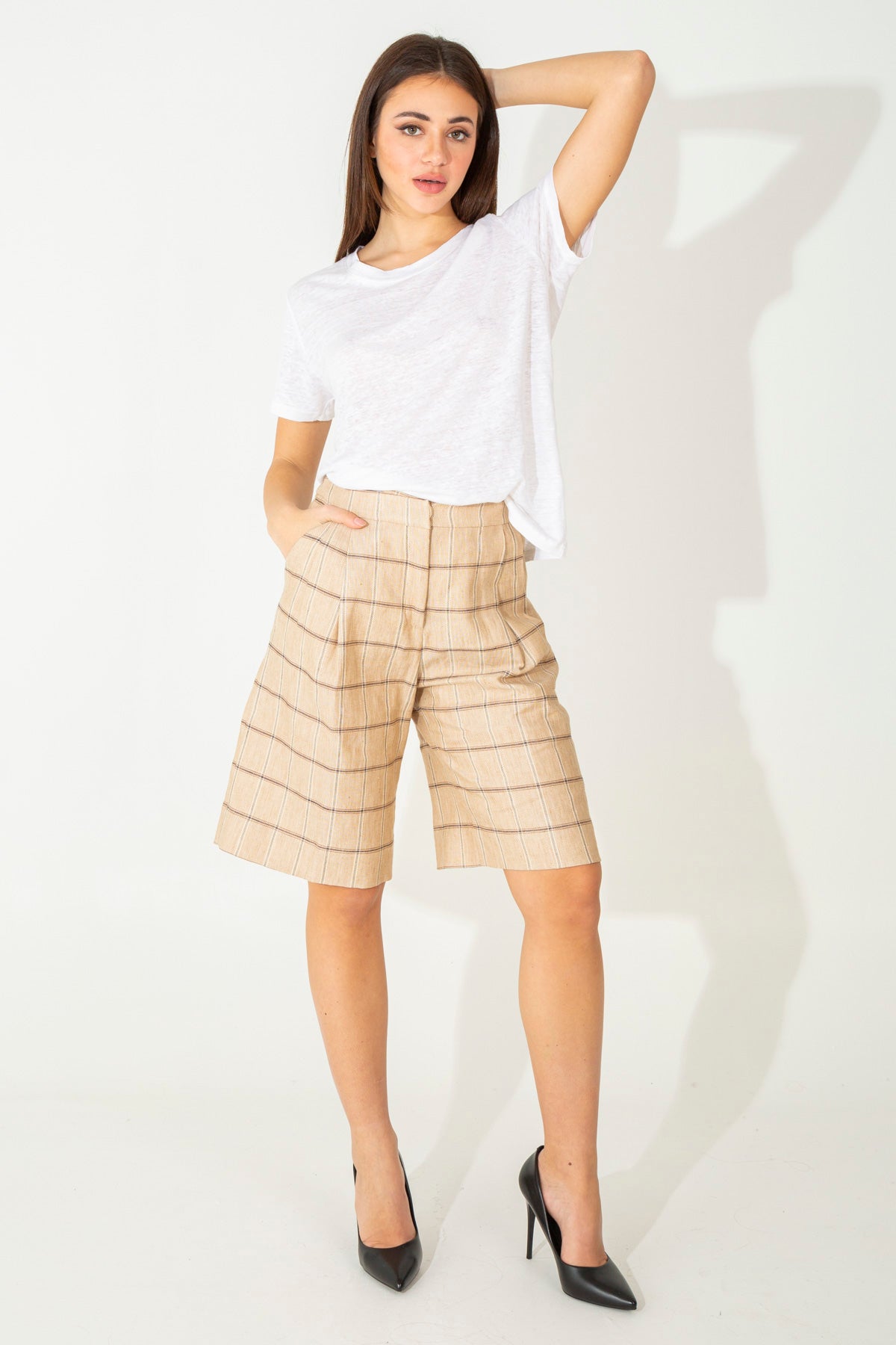 Check Bermuda shorts in linen canvas