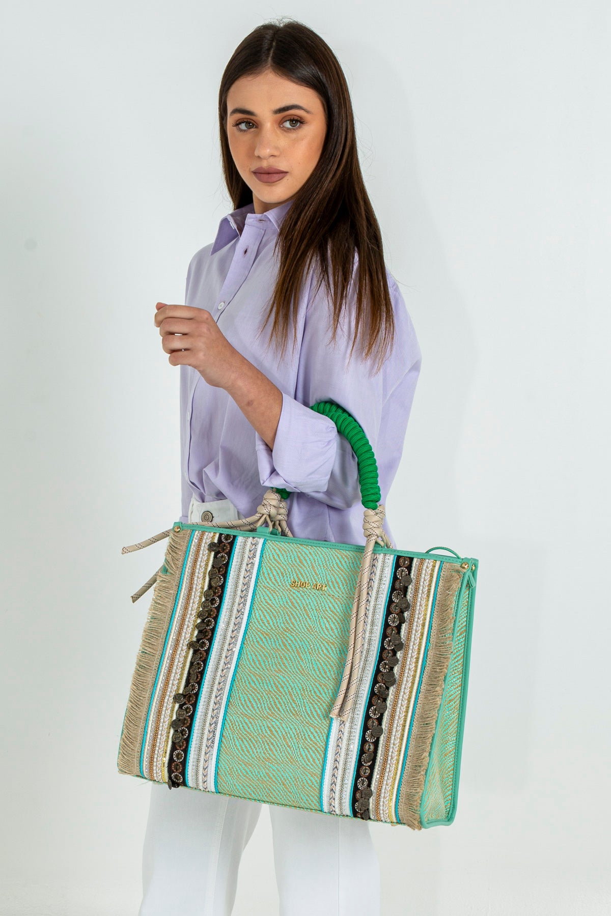 Multicolor maxi handbag with applications